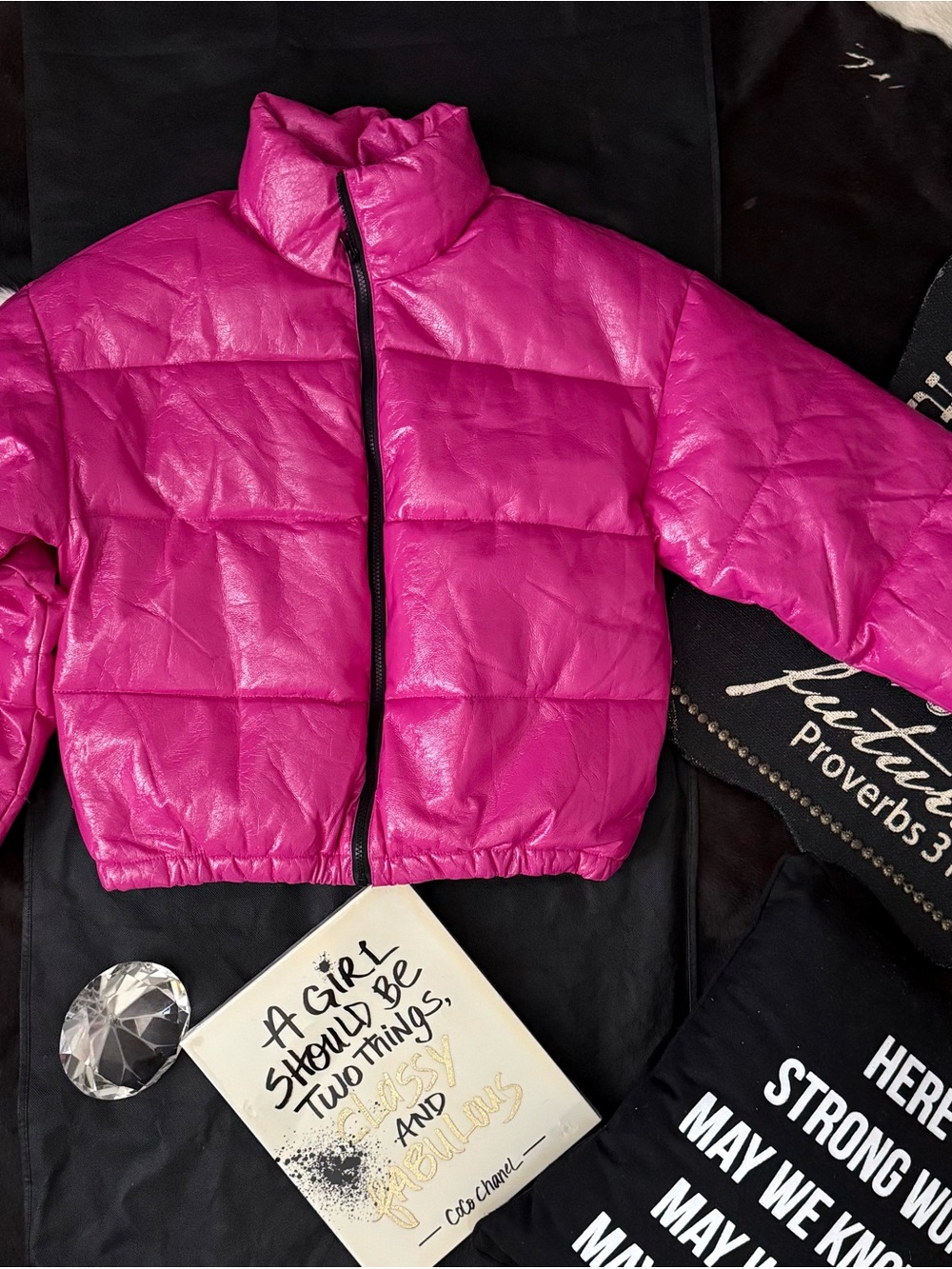 Forever 21 Shiny Hot Pink Puffer Jacket